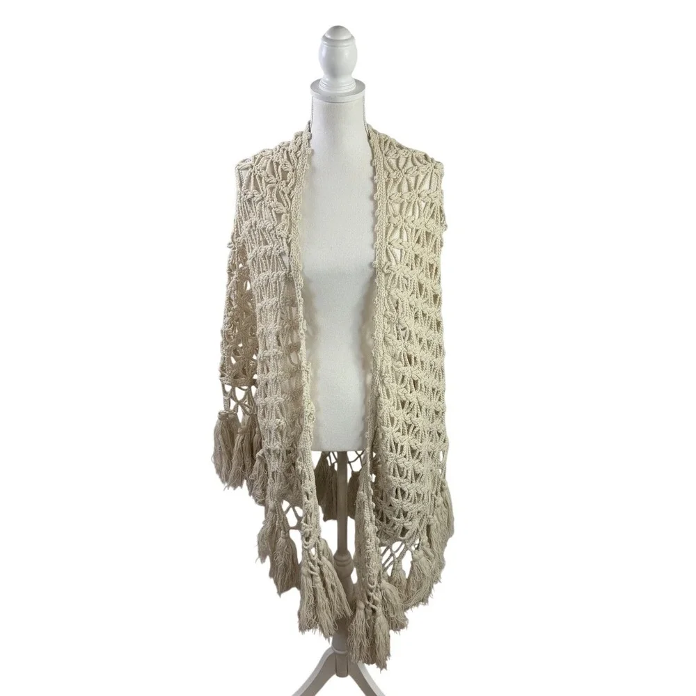 Handmade Wool Blend Crochet Wrap Shawl Beige Boho